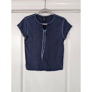 American Eagle Y2K Lace Up T-shirt women's large navy blue ribbed‎ 90s skater